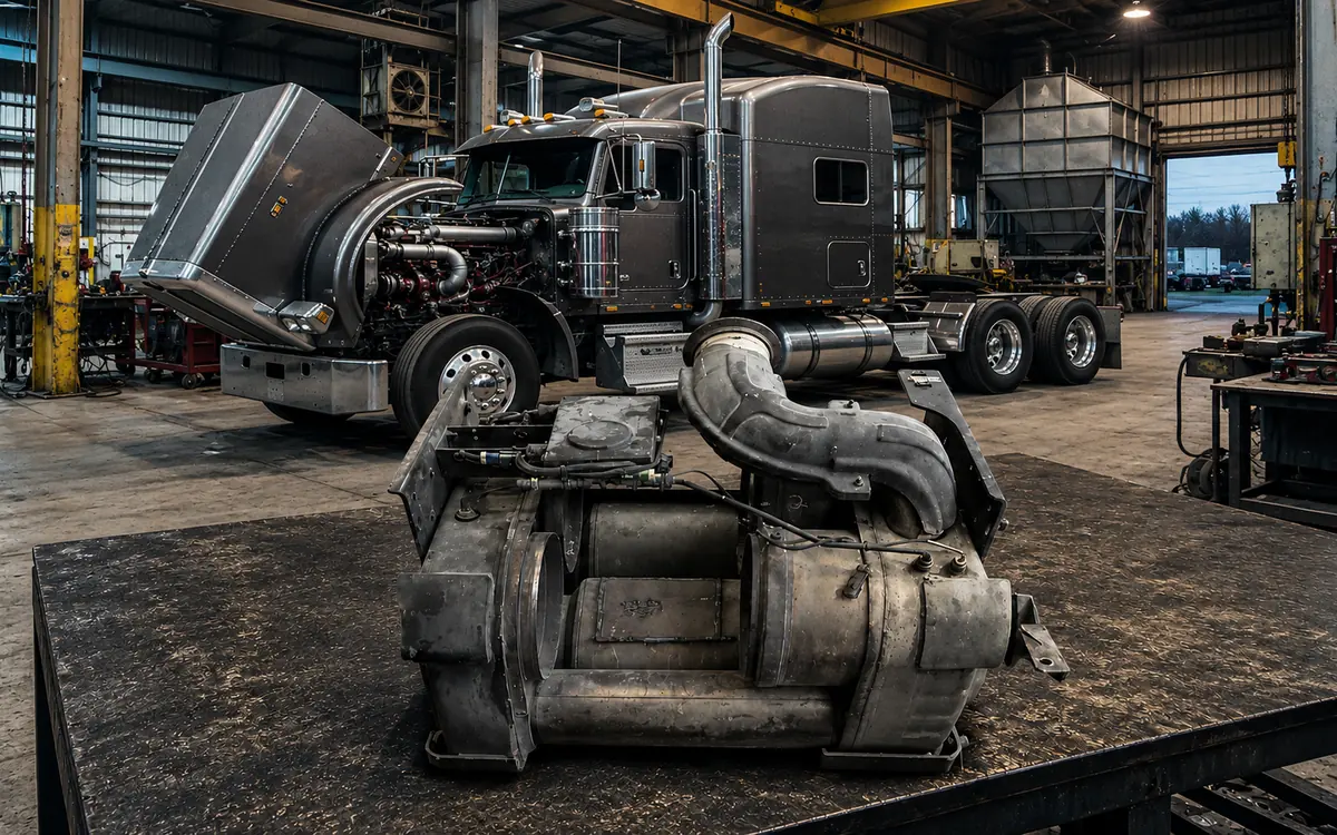 Heavy-duty diesel engine components — turbocharger, injectors, exhaust manifold, and head gasket — laid out on the shop bench